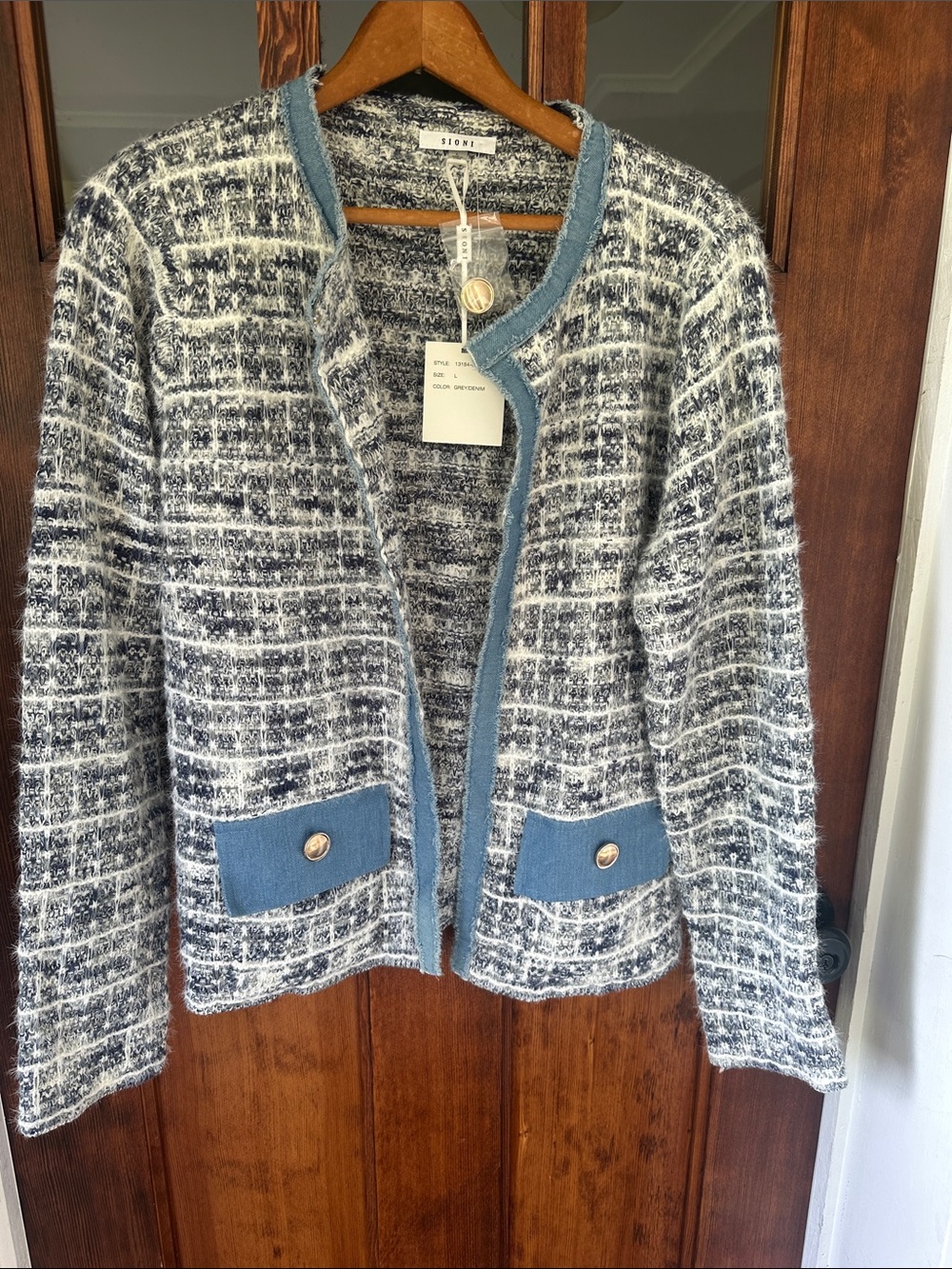 NWT Sioni Tweed Knit Cardigan Blazer Jacket Denim Trim Gold Button Large